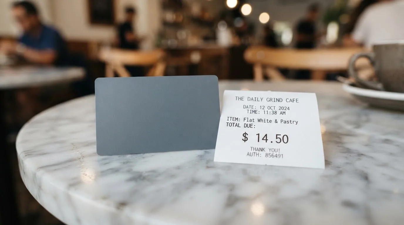 A receipt and a card on a café table