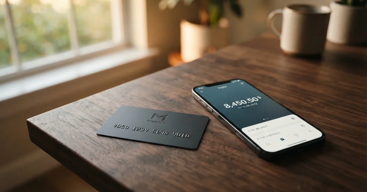 A payment card next to a phone with a crypto wallet app open