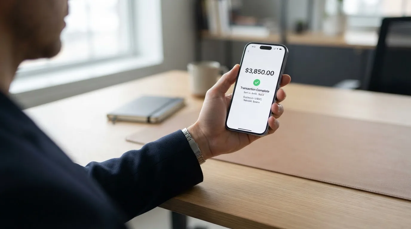A phone showing a stablecoin transfer screen