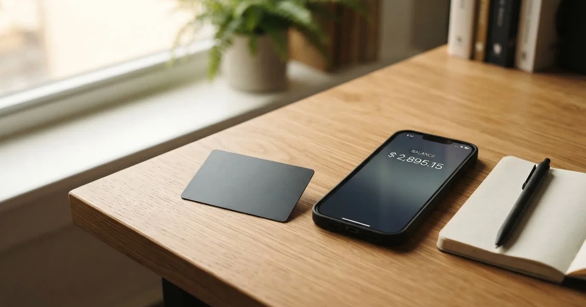 A payment card next to a phone with a crypto wallet app open