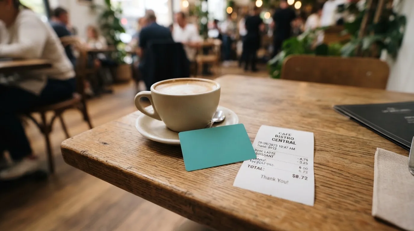 A receipt and a card on a café table