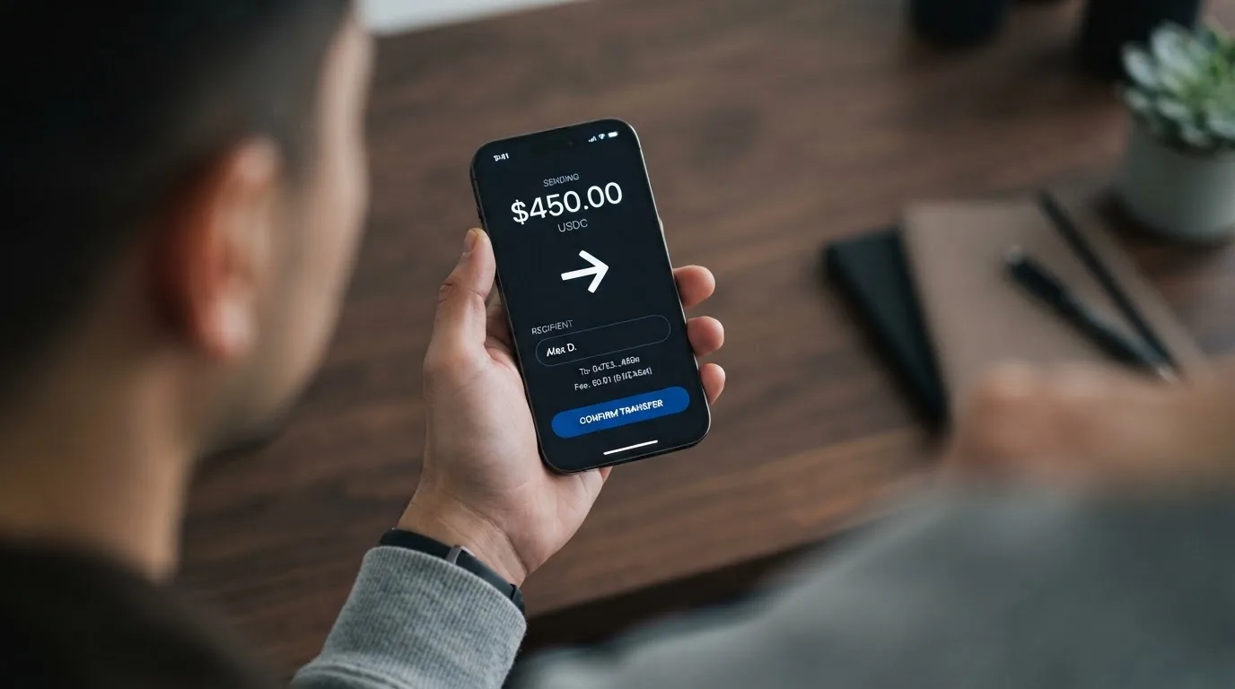 A phone showing a stablecoin transfer screen