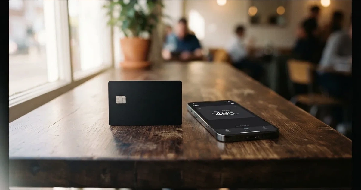 A payment card next to a phone with a crypto wallet app open