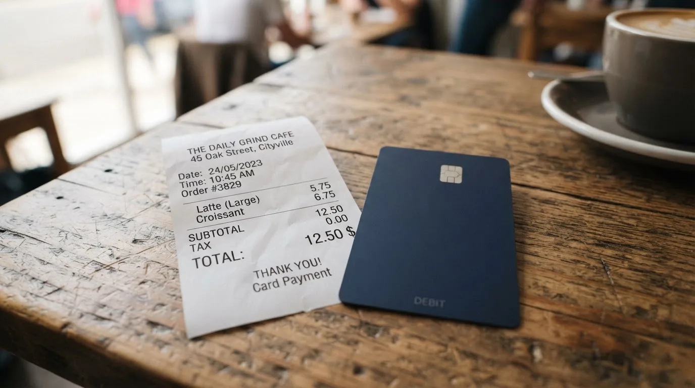 A receipt and a card on a café table