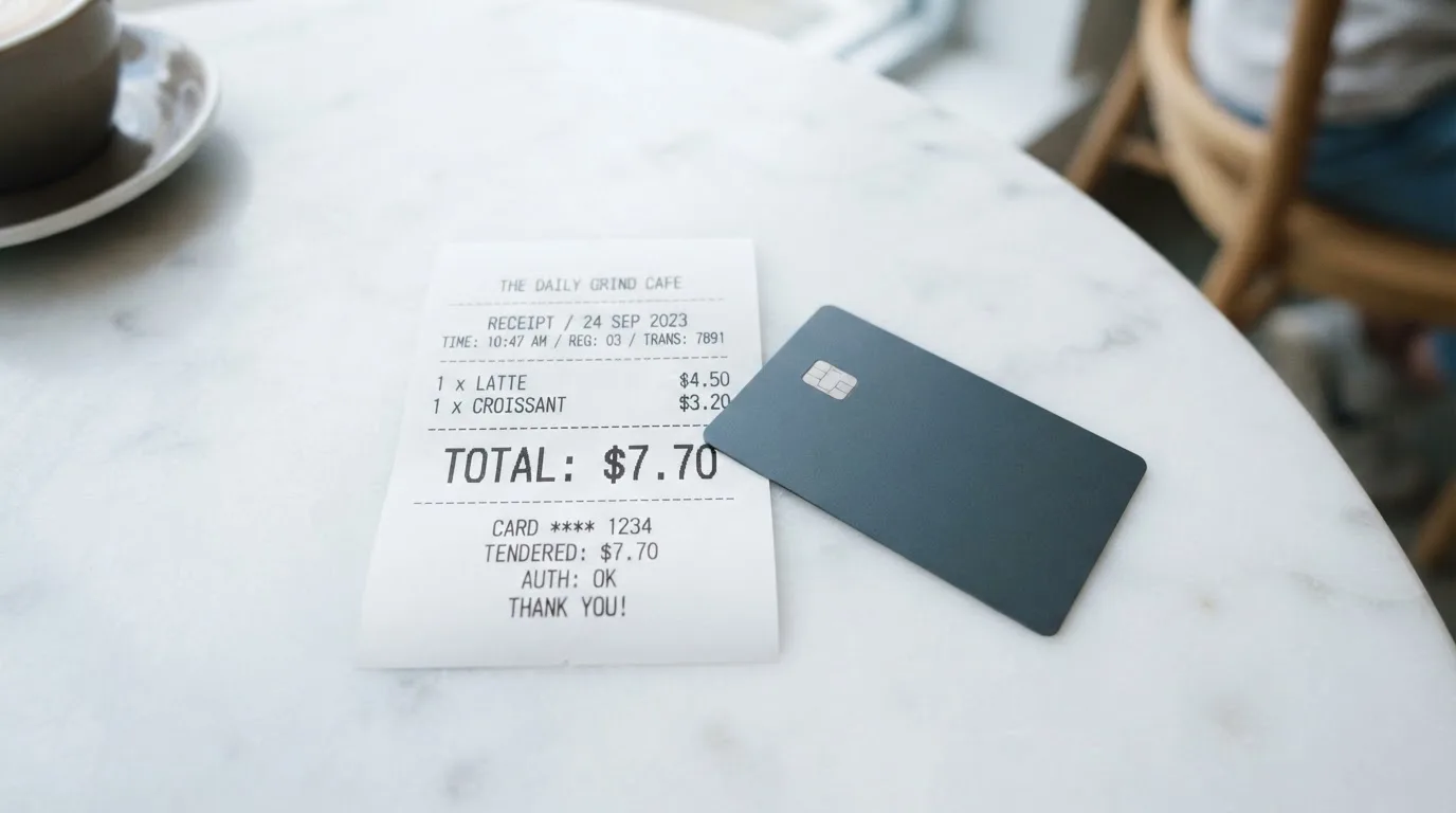 A receipt and a card on a café table