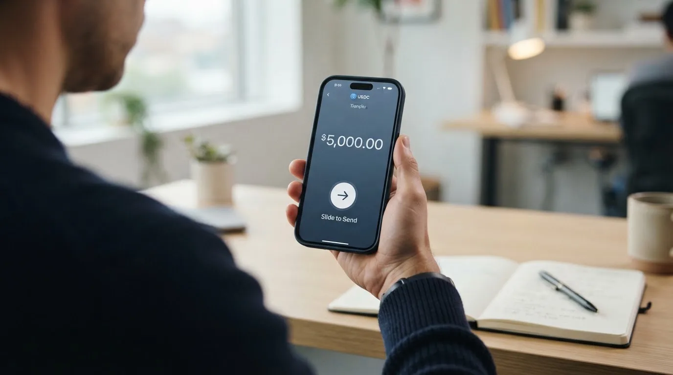A phone showing a stablecoin transfer screen