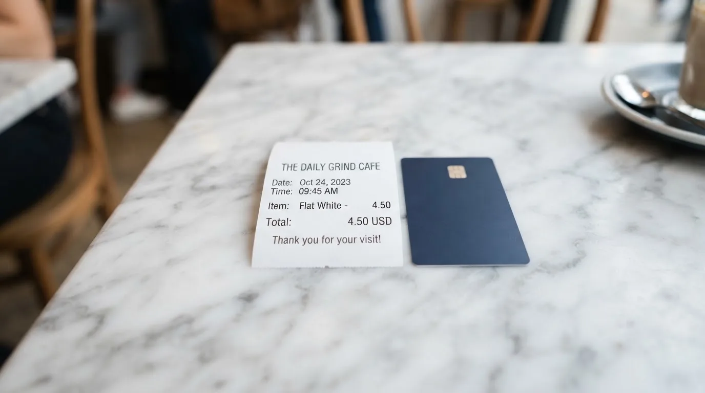 A receipt and a card on a café table