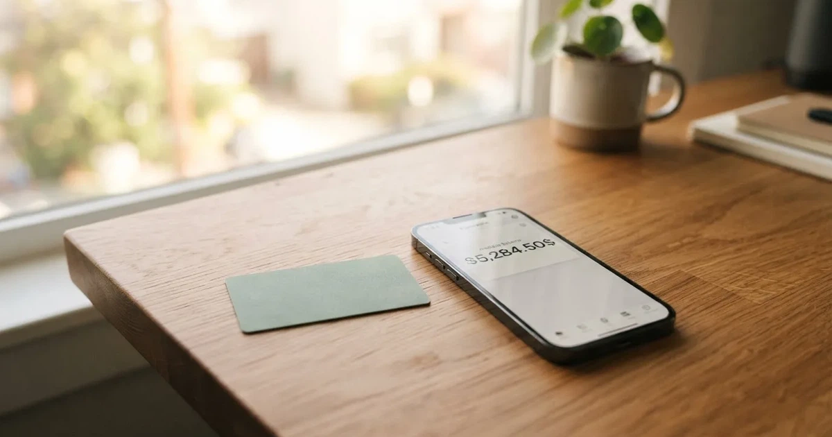 A payment card next to a phone with a crypto wallet app open