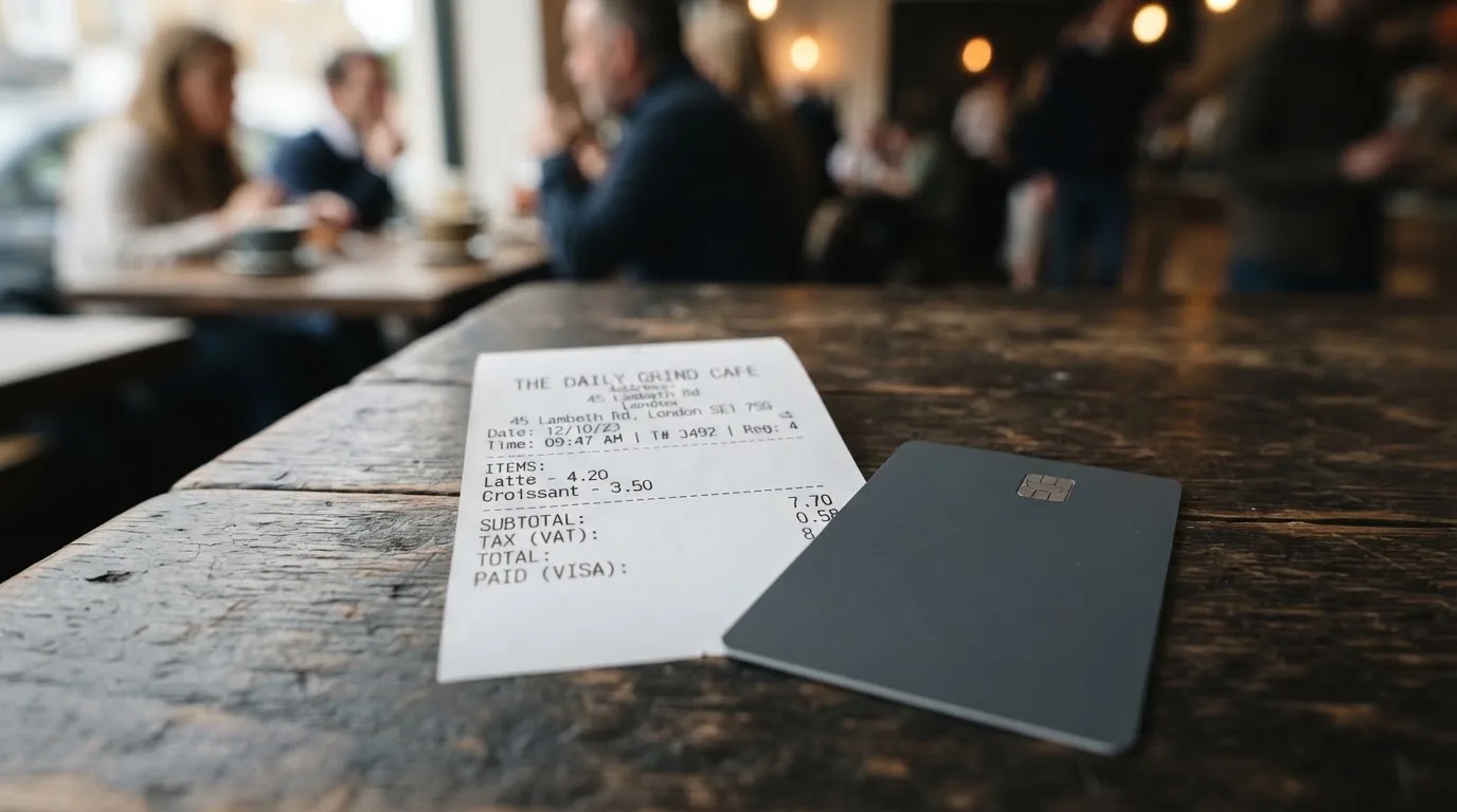 A receipt and a card on a café table