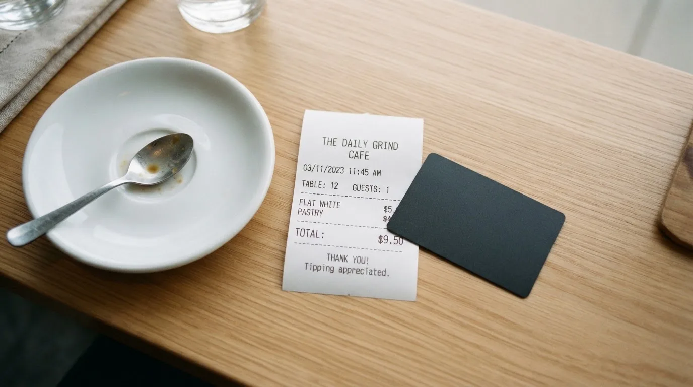 A receipt and a card on a café table
