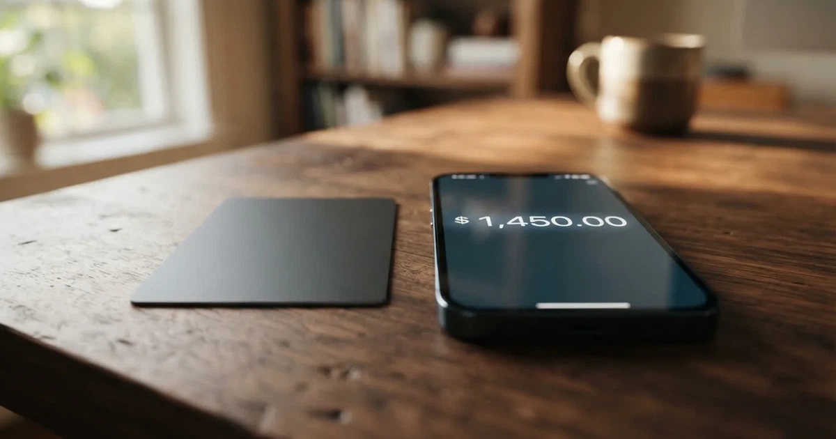 A payment card next to a phone with a crypto wallet app open