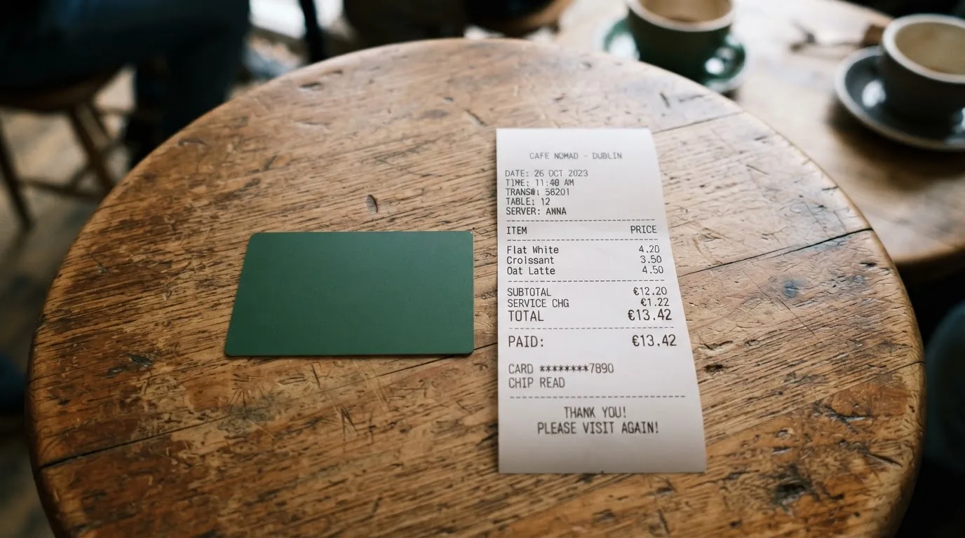 A receipt and a card on a café table