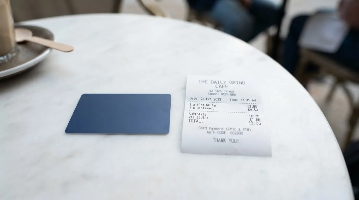 A receipt and a card on a café table