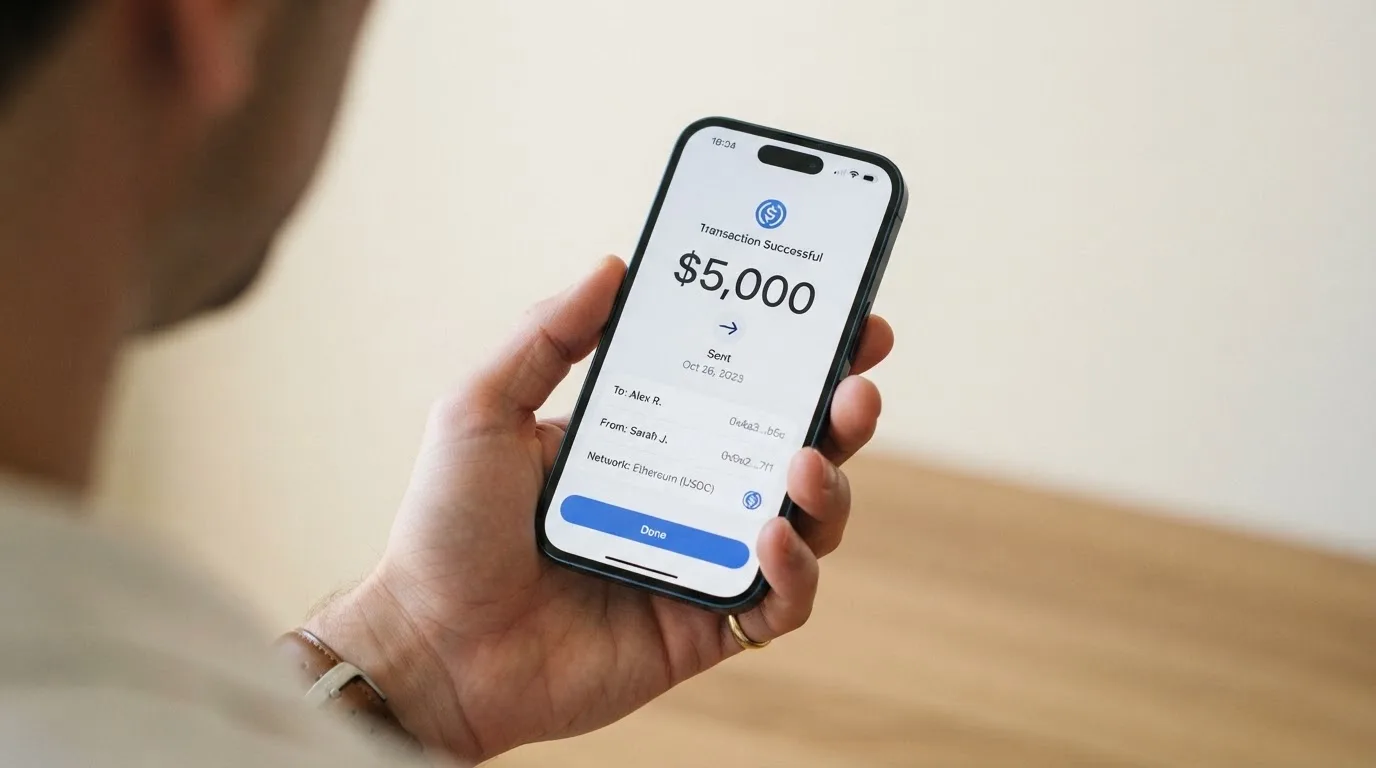 A phone showing a stablecoin transfer screen