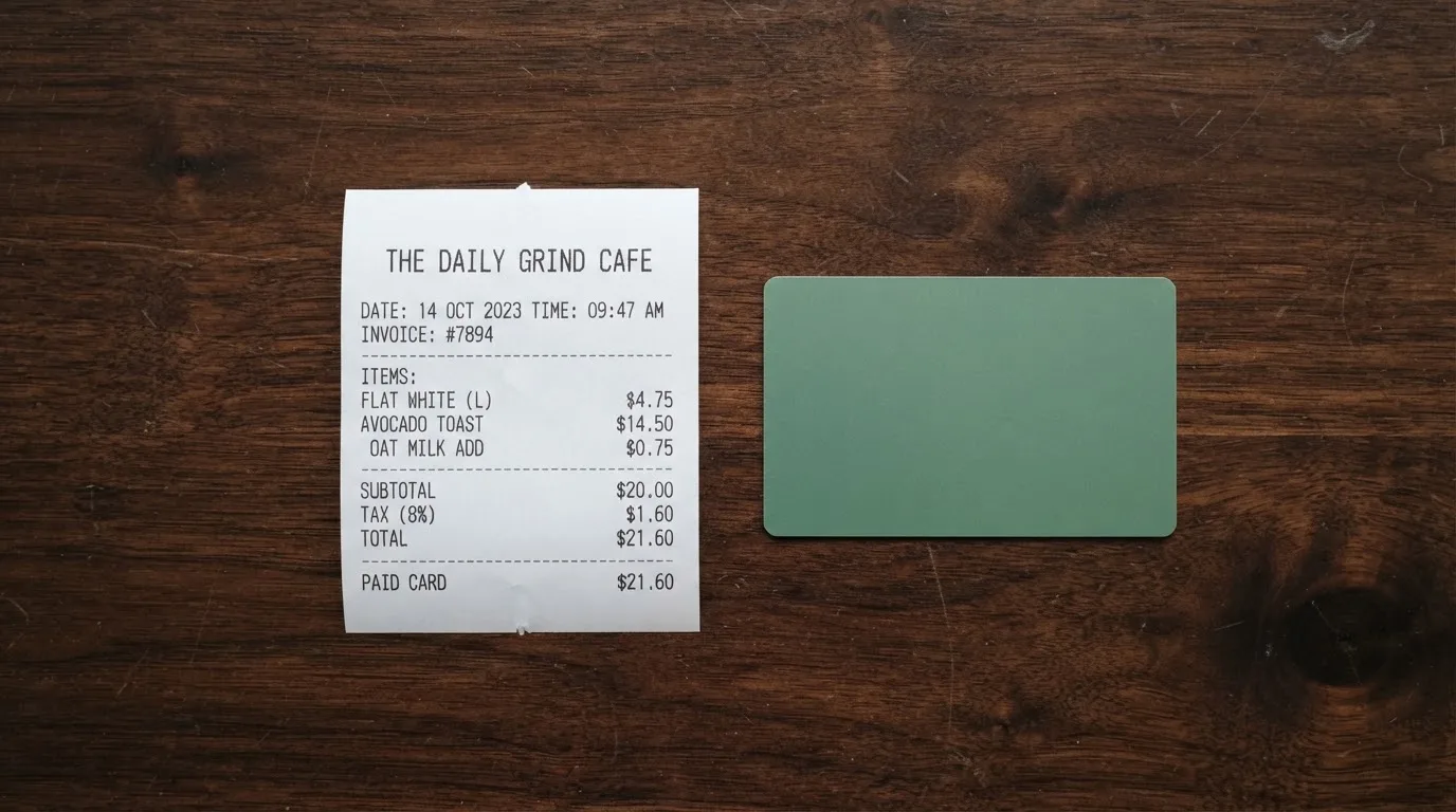 A receipt and a card on a café table