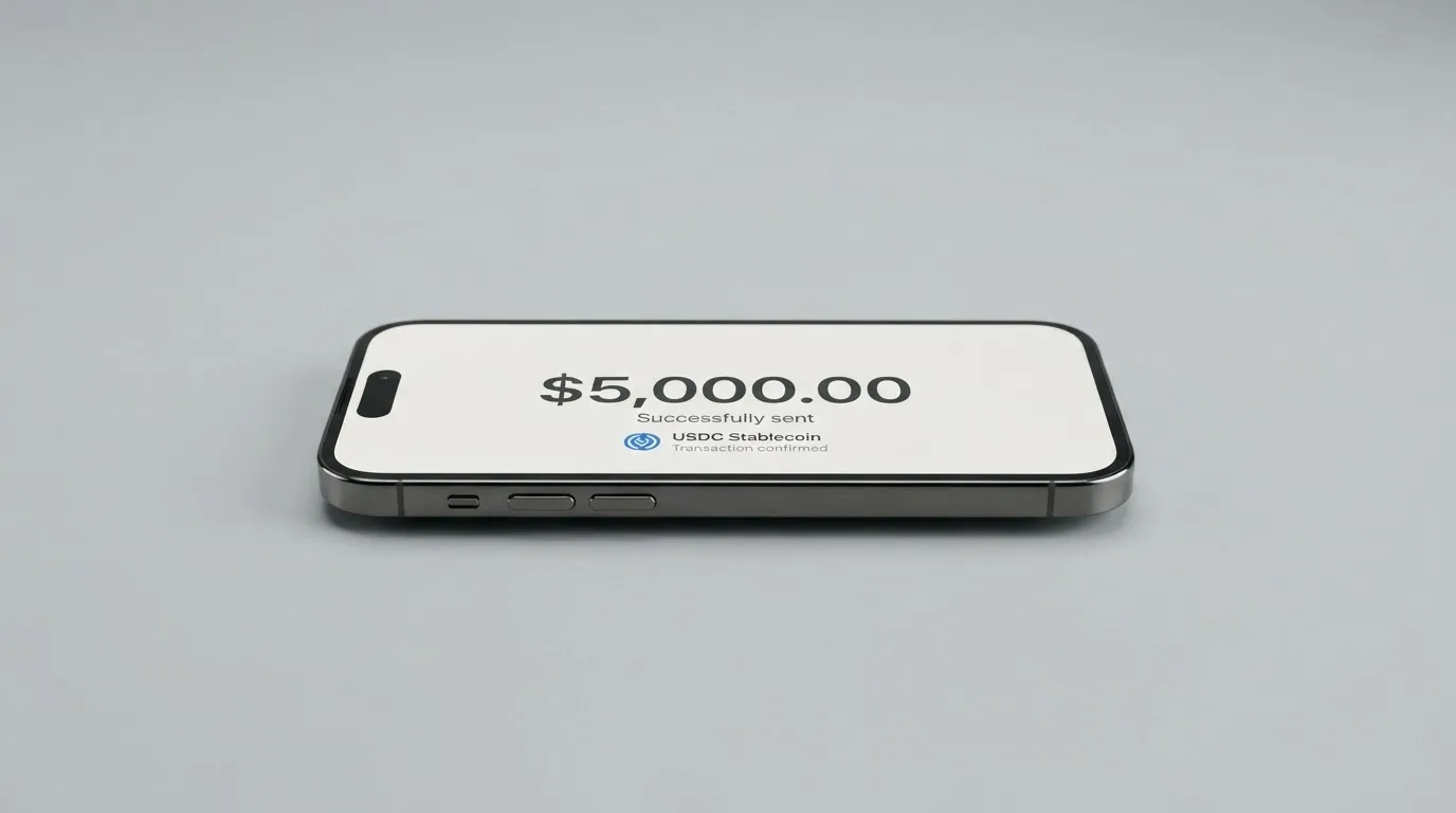 A phone showing a stablecoin transfer screen