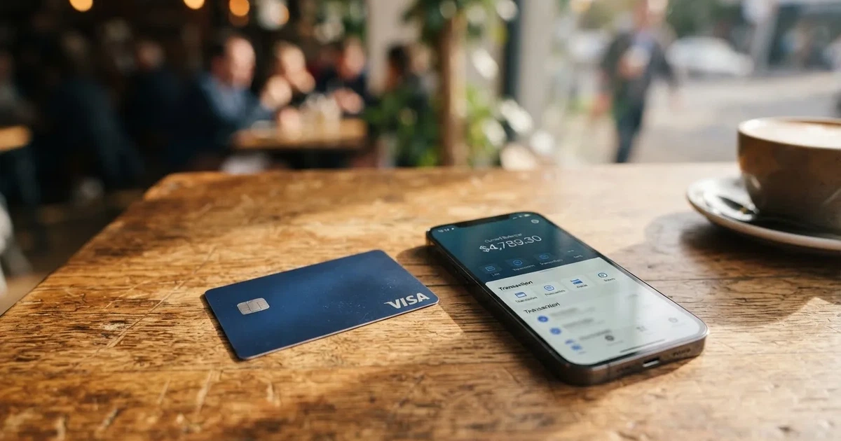 A payment card next to a phone with a crypto wallet app open
