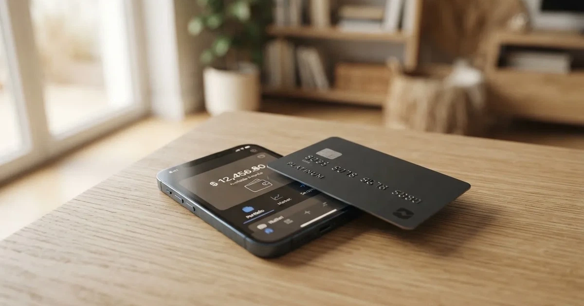 A payment card next to a phone with a crypto wallet app open