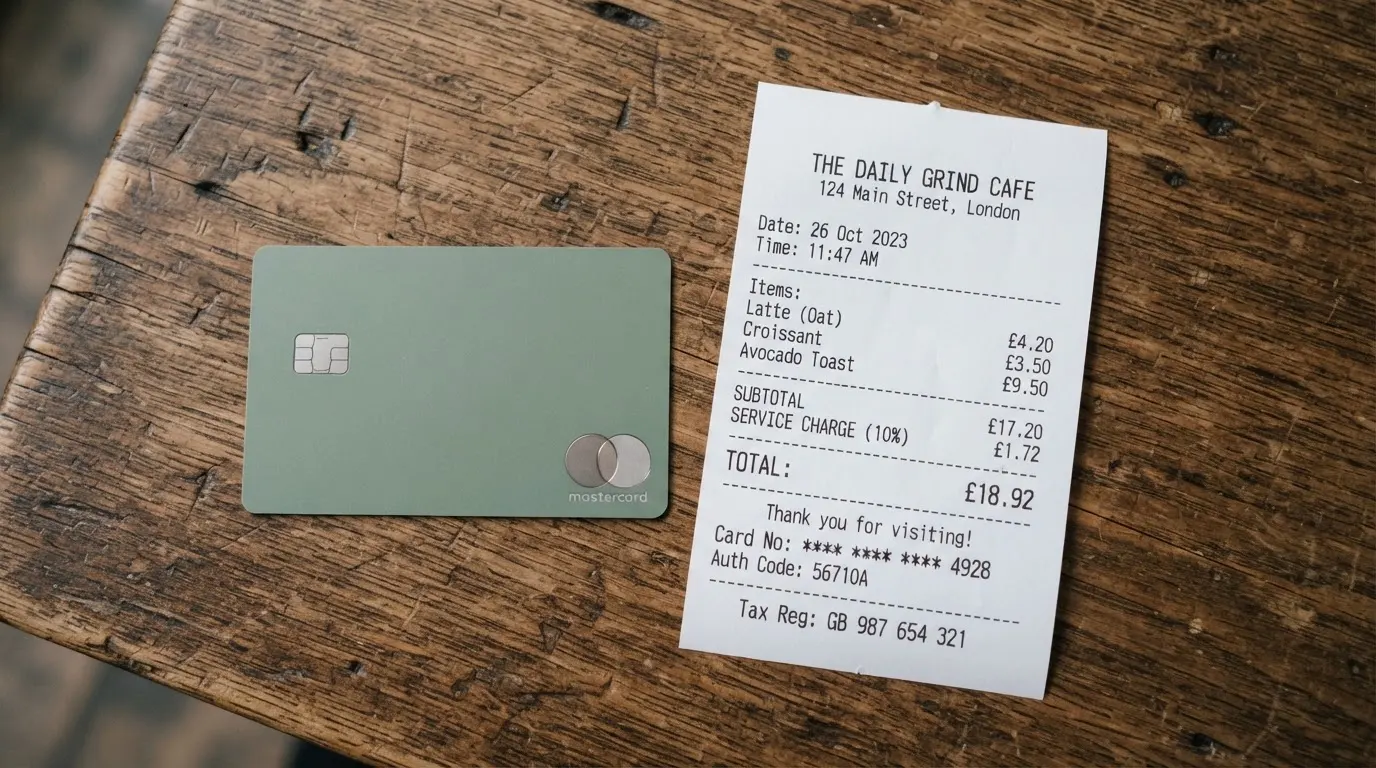 A receipt and a card on a café table