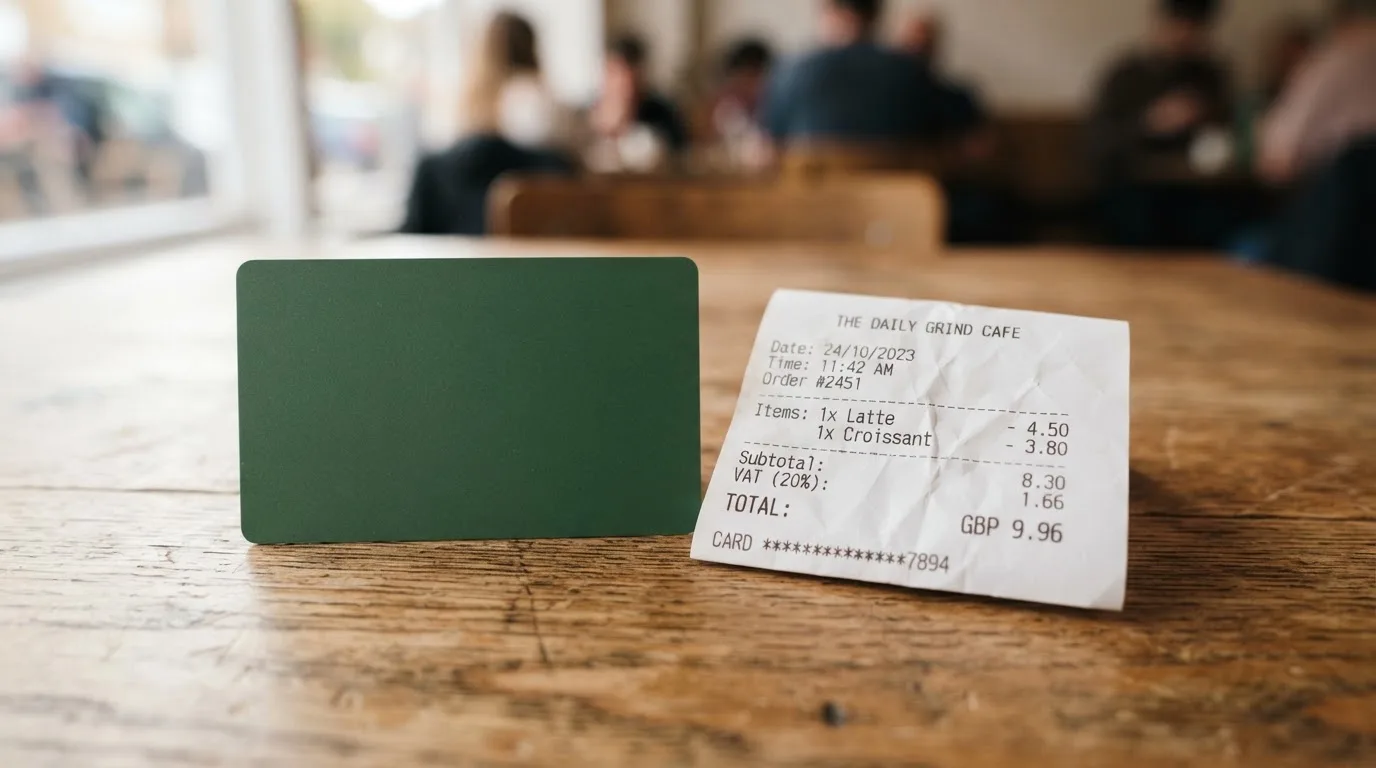 A receipt and a card on a café table