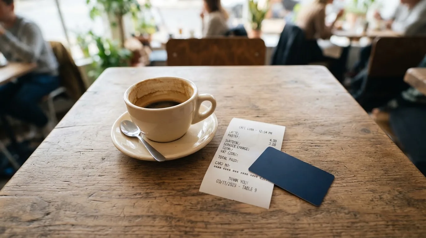 A receipt and a card on a café table