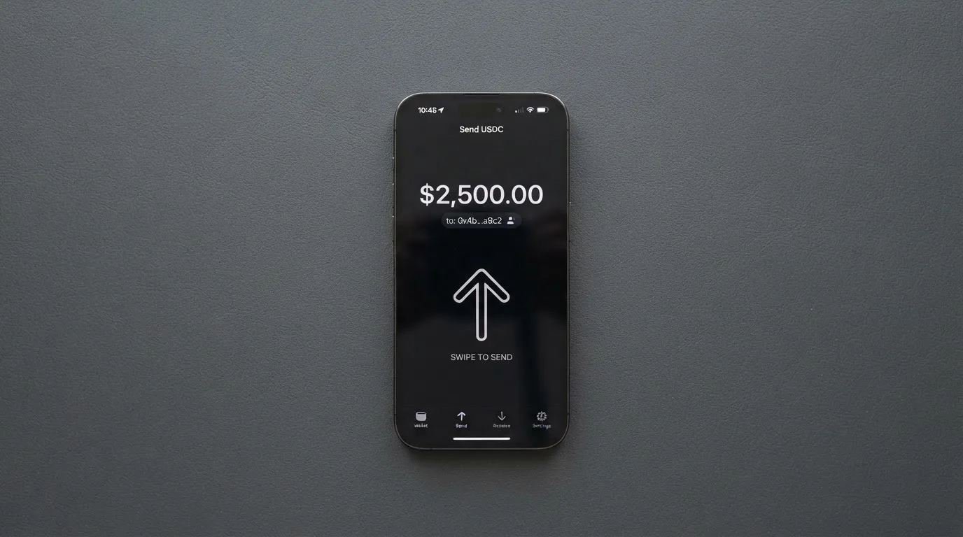 A phone showing a stablecoin transfer screen