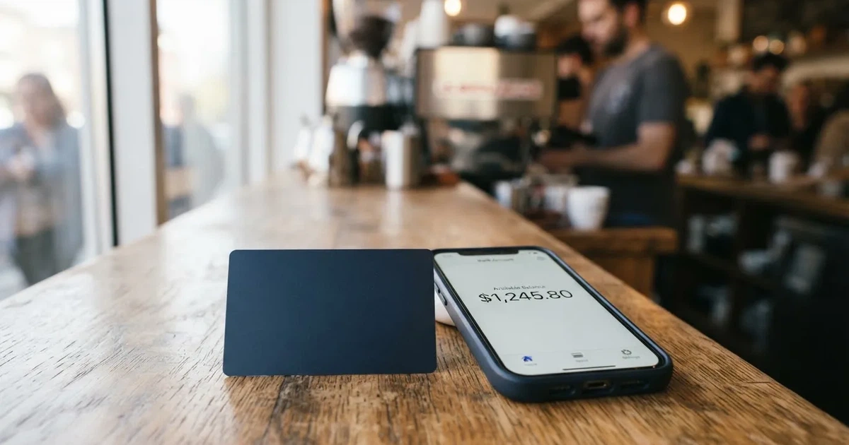 A payment card next to a phone with a crypto wallet app open
