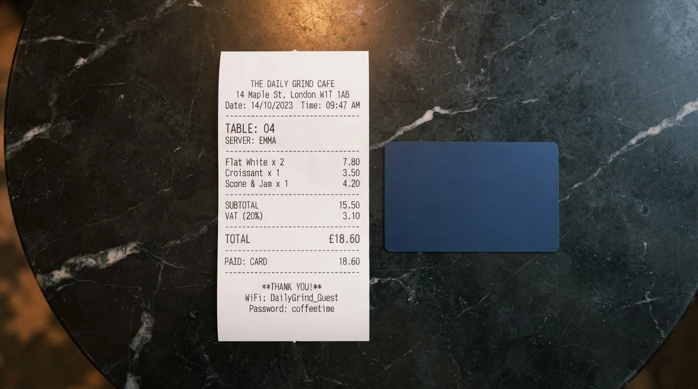 A receipt and a card on a café table