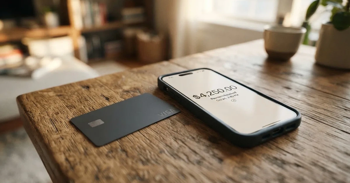A payment card next to a phone with a crypto wallet app open