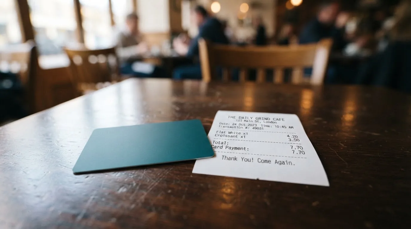 A receipt and a card on a café table