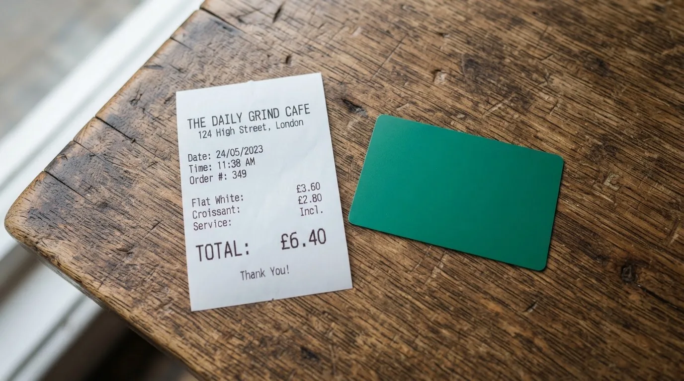 A receipt and a card on a café table