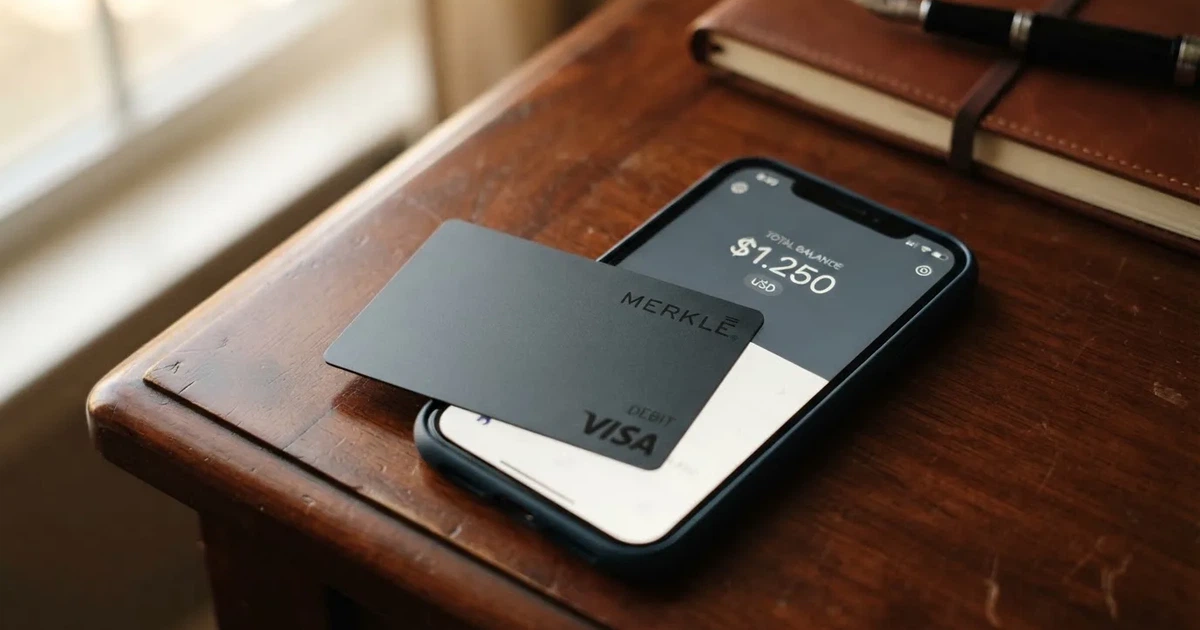 A payment card next to a phone with a crypto wallet app open