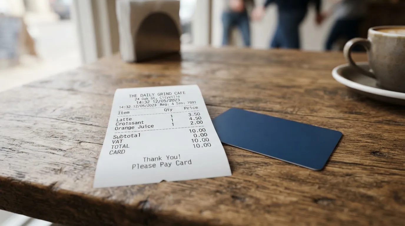 A receipt and a card on a café table