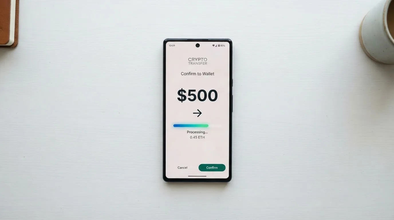 A phone showing a stablecoin transfer screen