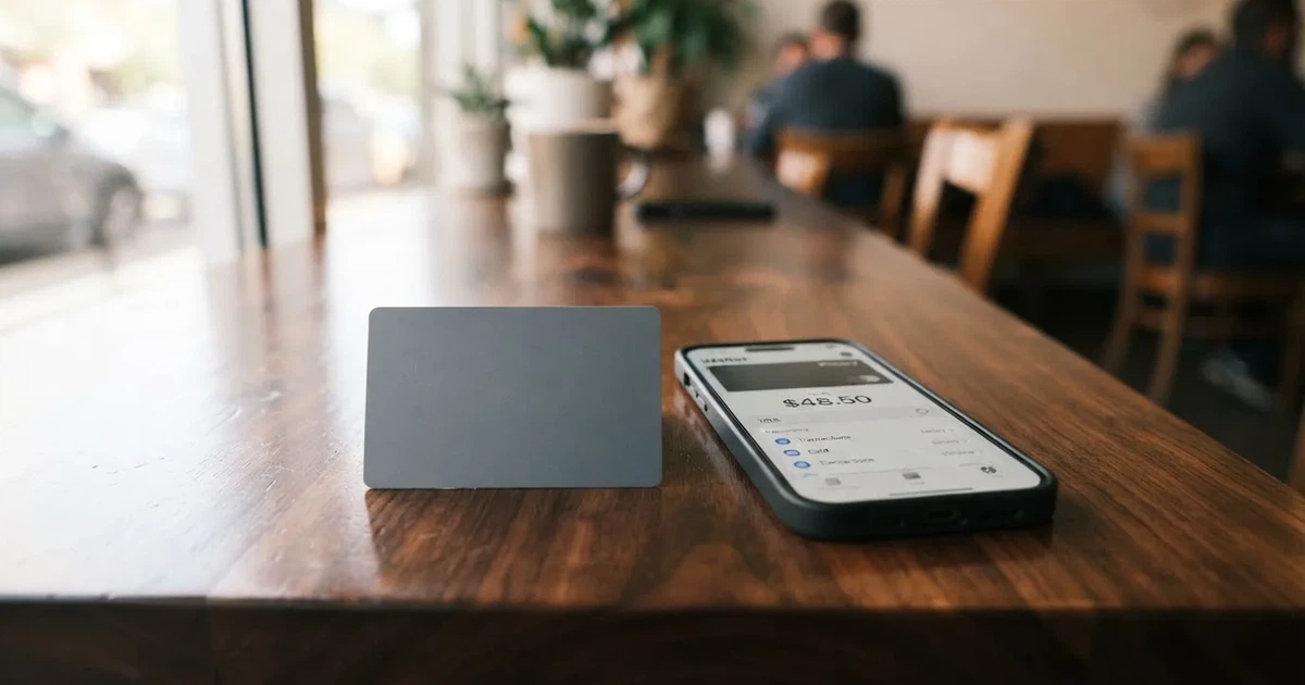 A payment card next to a phone with a crypto wallet app open