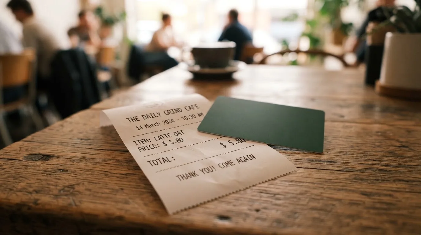 A receipt and a card on a café table