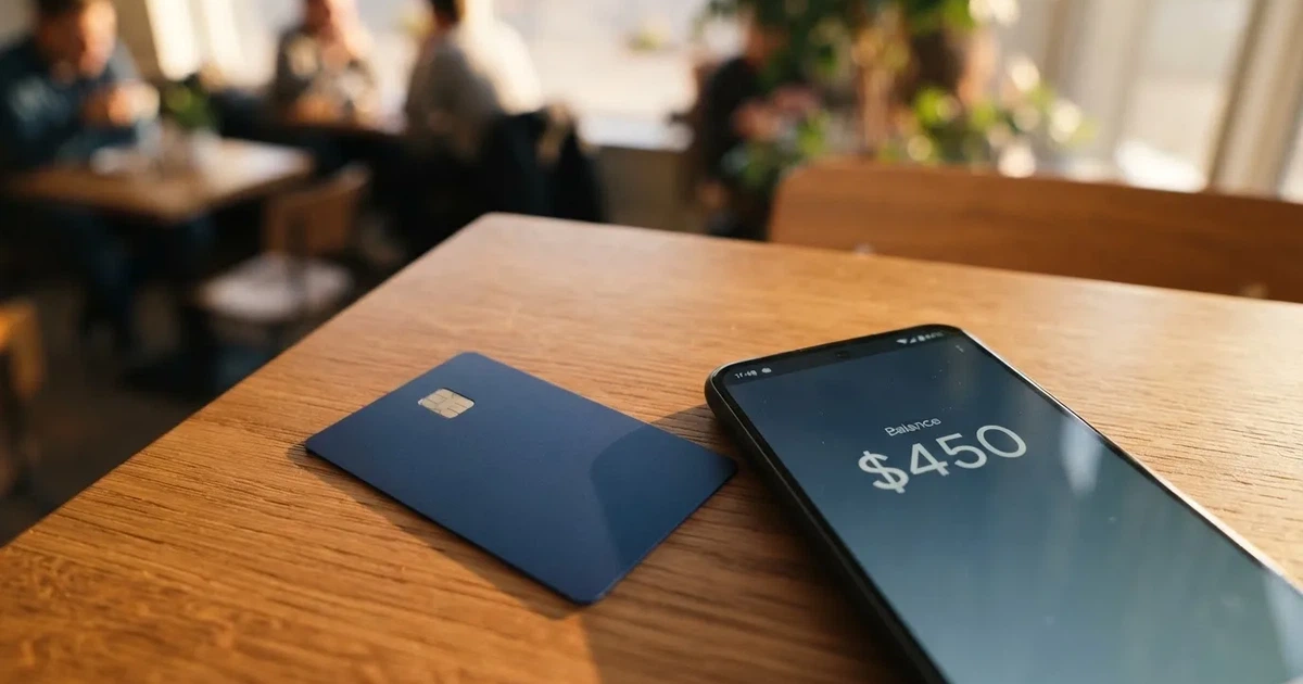 A payment card next to a phone with a crypto wallet app open
