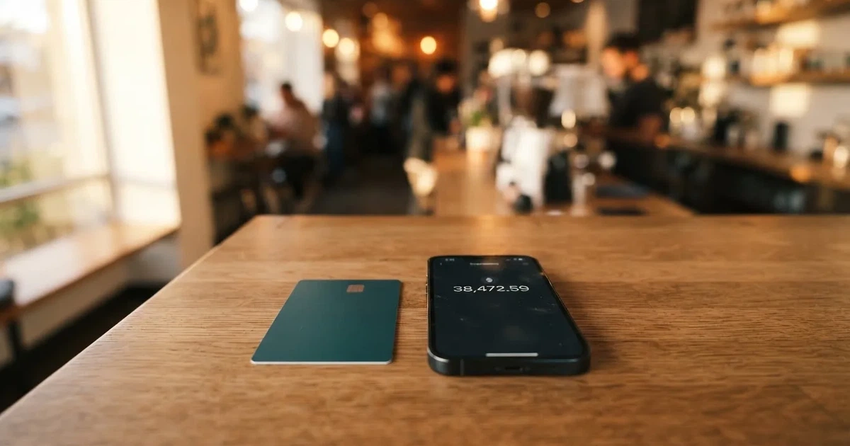 A payment card next to a phone with a crypto wallet app open