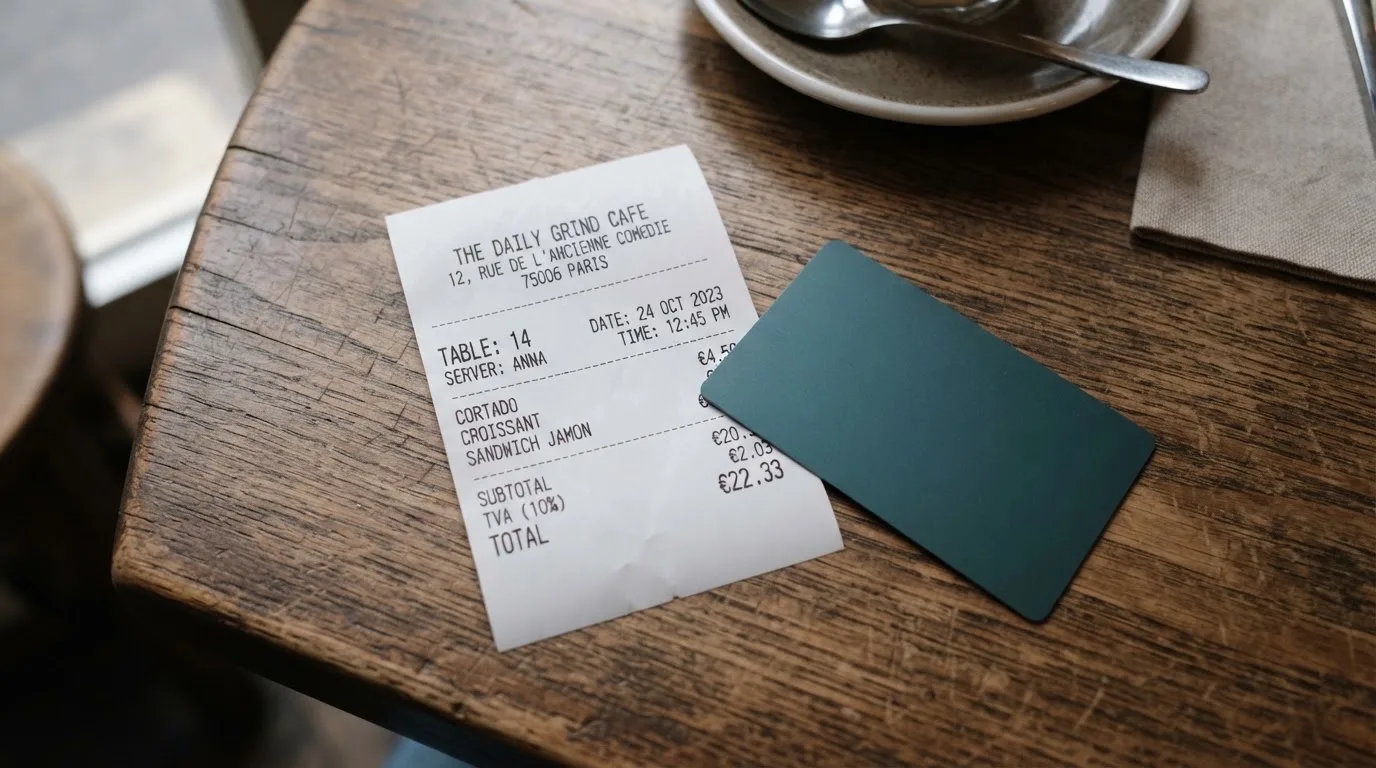A receipt and a card on a café table